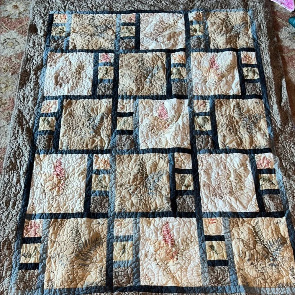 Handmade Patchwork throw Quilt with Earth Tones Ferns Fall 48” x 68”